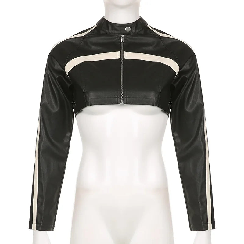 Autumn Trendy Fashion Black White Crop Leather Jacket Women Zipper Cropped Motorcycle Racing Jacket