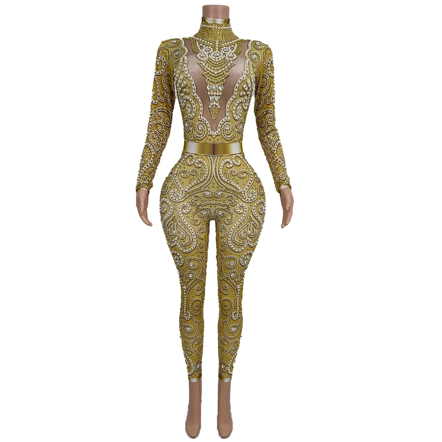 2025 Fashion Long Sleeves Pearls Ladies Rompers Show Leotard Festival Dancer Costumes Women Party Banquet Rhinestone Jumpsuit