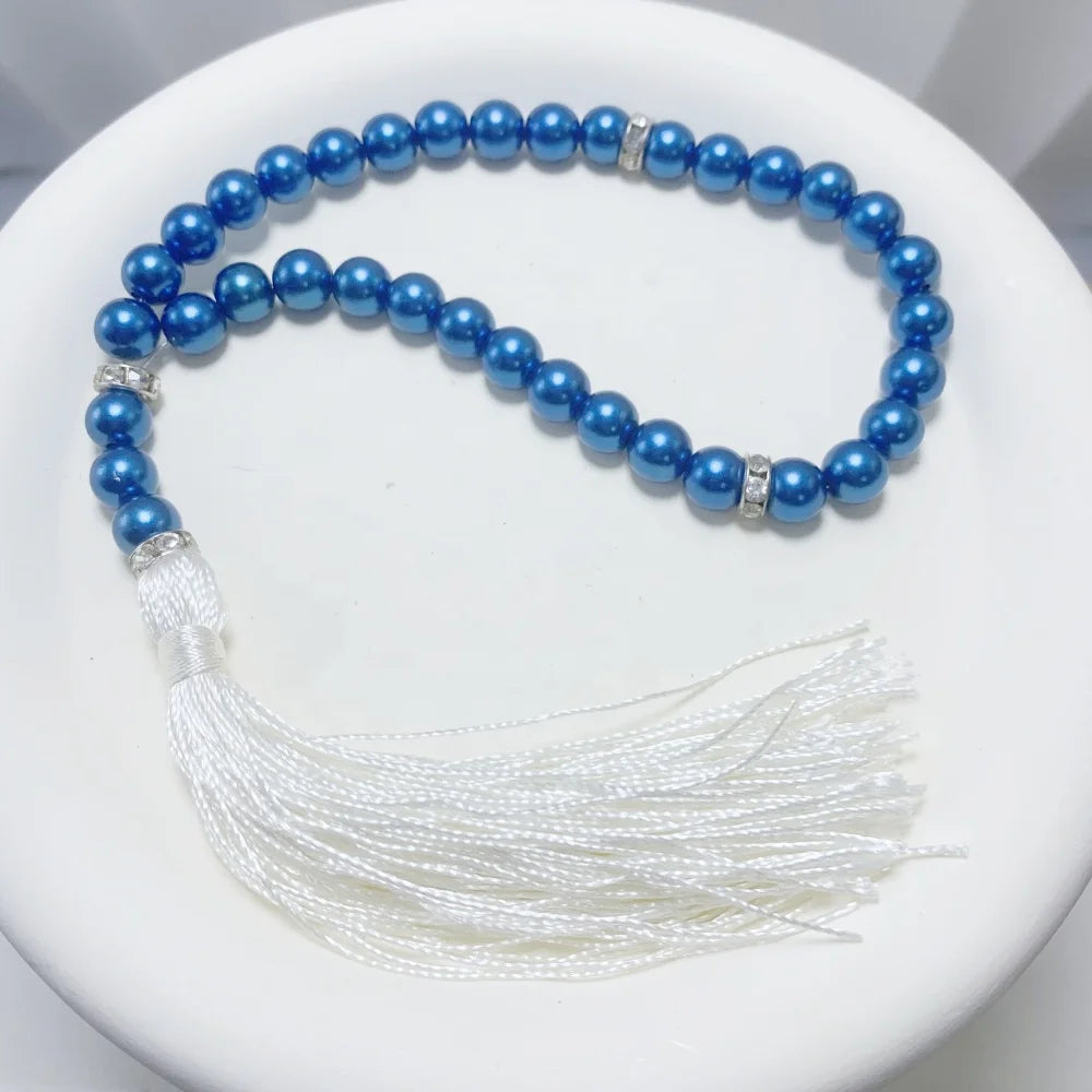 Bohemian Blue Rosary Prayer Beads with Imitation Pearl Tassel  Religious Jewelry for Daily Wear Catholic Gift Arabic Tasheeh