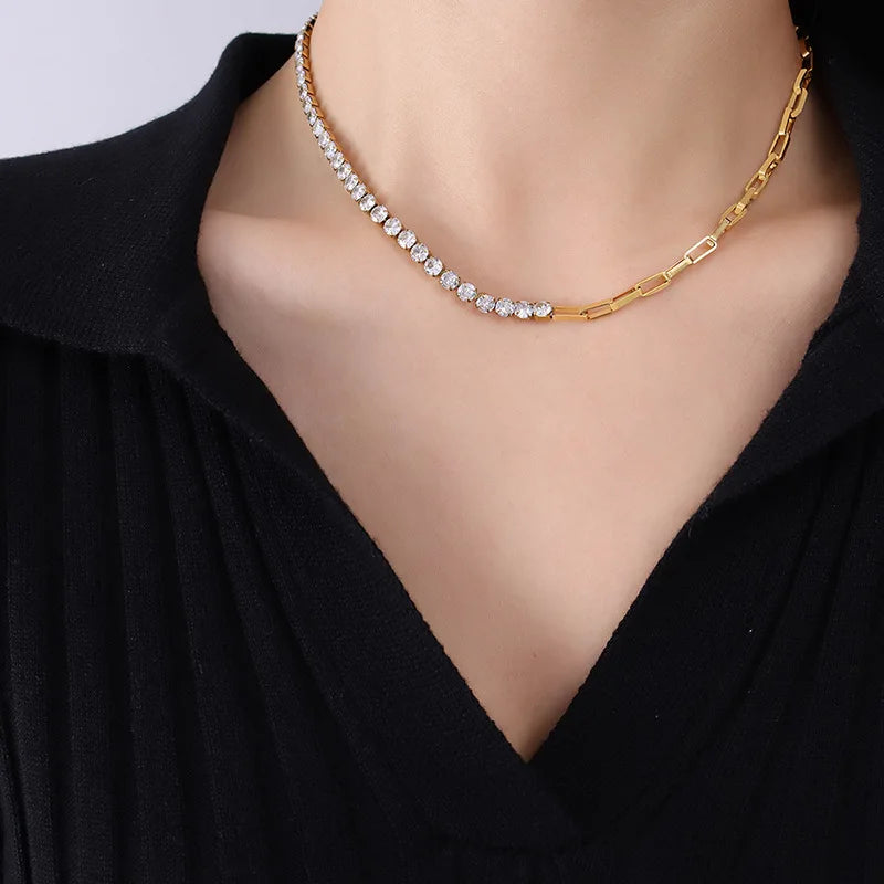 Wholesale Stainless Steel 18K Gold Plated Big Link Chain Zircon Choker Necklace