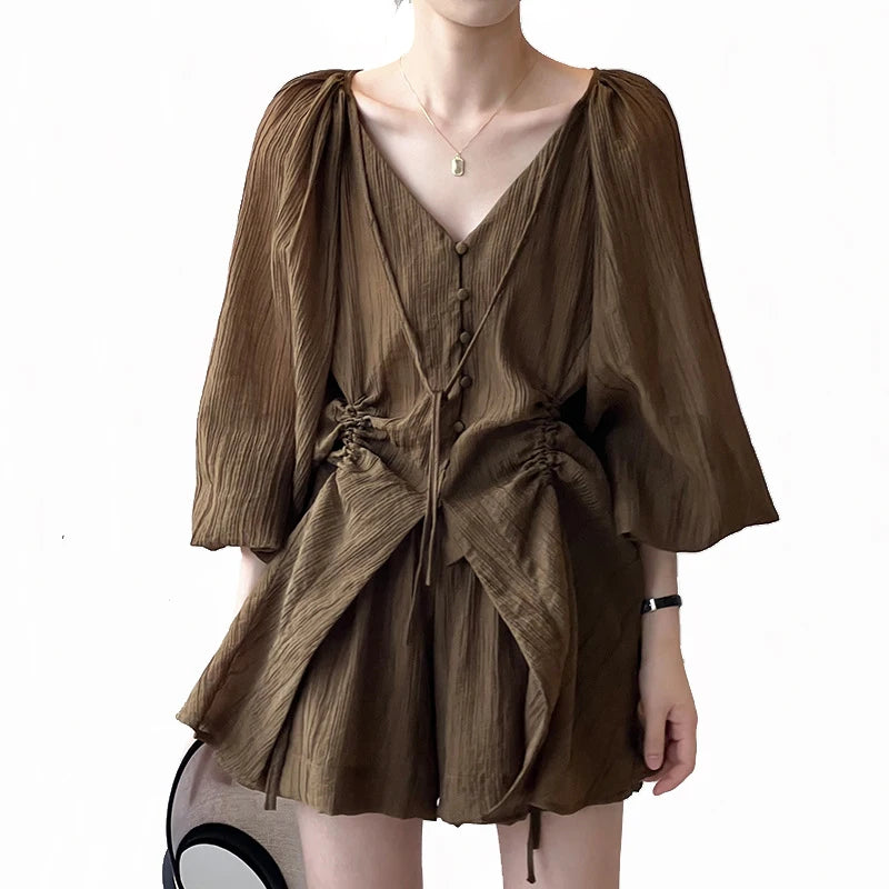 Wholesale Cotton Summer Breathable Sun protection Sets Casual Loose Shirt Blouse and Shorts Sets Elastic Strip Design Shirt Sets