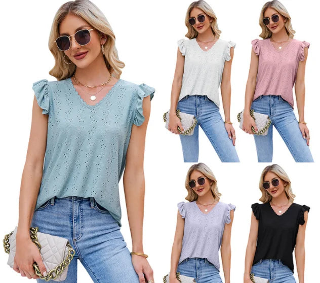 New Arrival Fashion Women Ruffle Sleeve Blouse Hollow Out V-neck T-shirt Casual Top