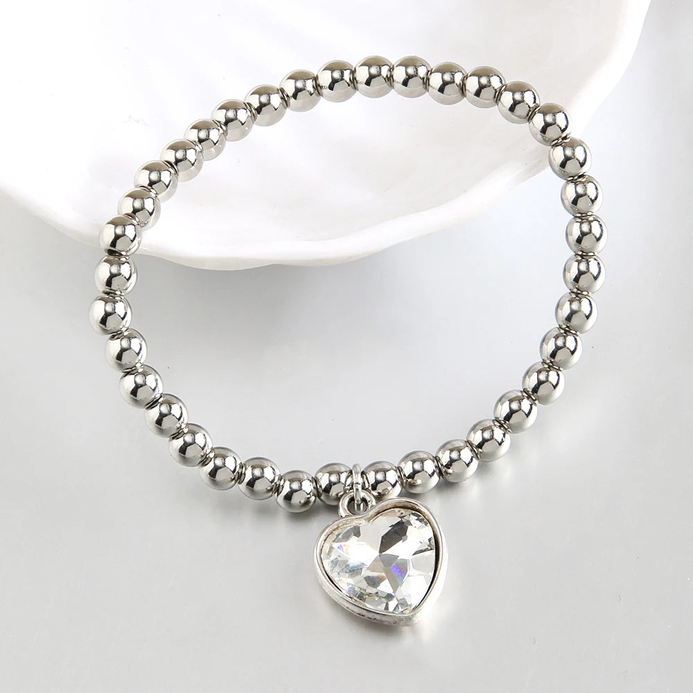 Simple Women Personalized Wholesale Jewelry 6mm Hematite Handmade Beaded Elastic Bracelet Crystal  Flower Heart Bracelet