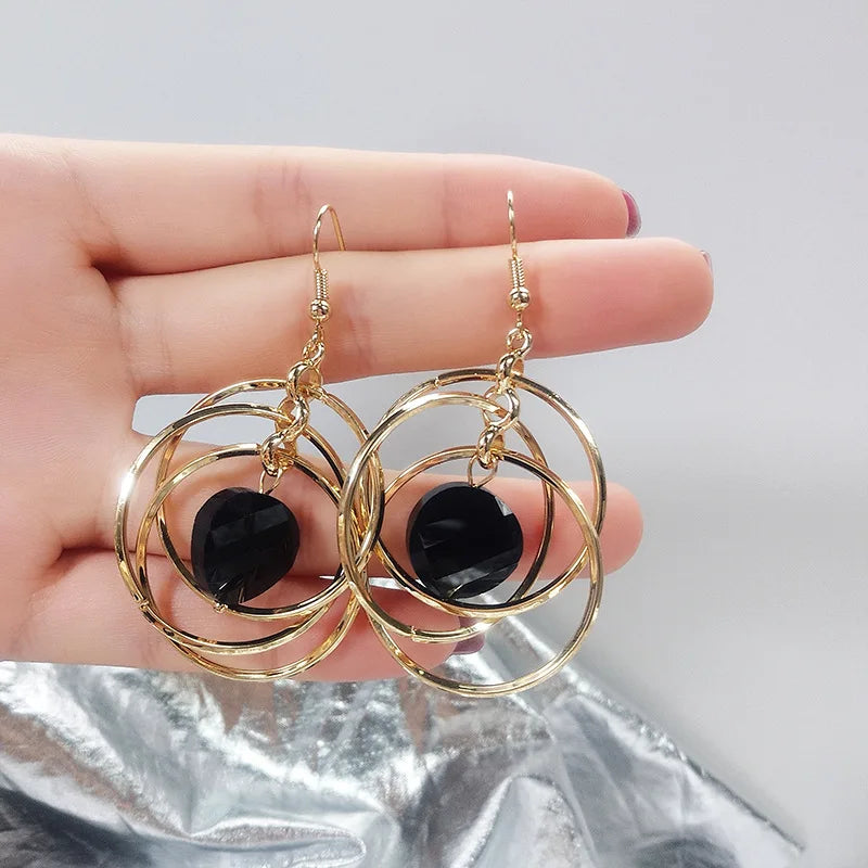 Spring Summer Ring Jewelry Statement Multiple Circles Earrings Beautiful Black Crystal Dangle Earrings for Women Girls