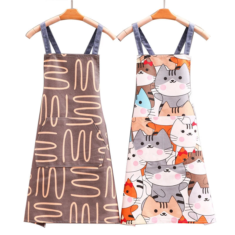 Cotton Canvas Sleeveless Eco-Friendly Durable Back Cross Shoulder Straps Flower Hill Plant Kitty Print Bib Apron