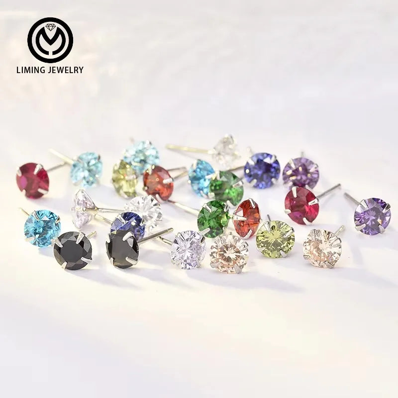 CEZ01 Korean Cute Summer Fine Jewelry Fashion Birthstone 925 Sterling Silver Round Cut CZ Diamond Studs Earring for Women Gift
