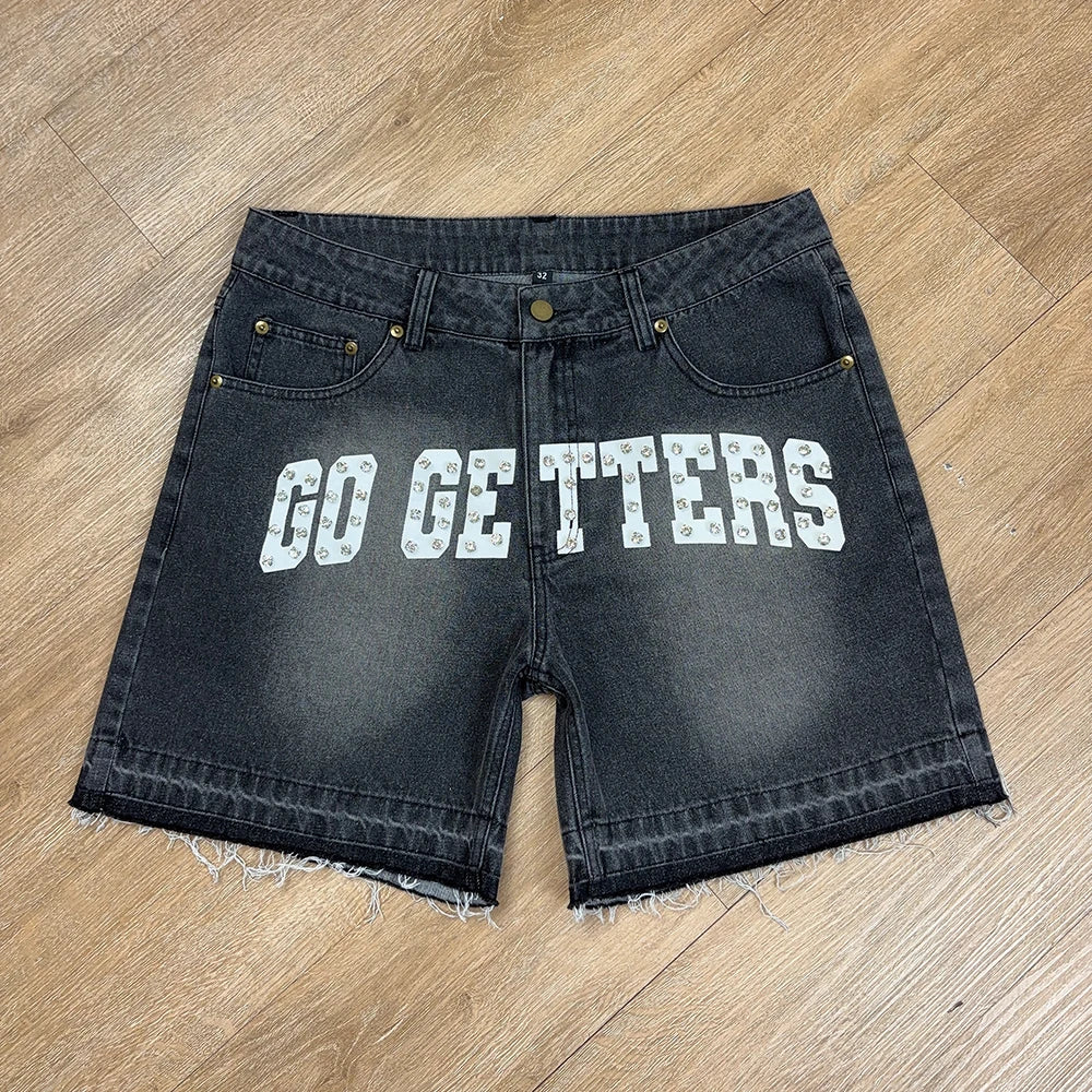 TOPSHOW DENIM Custom Diamond Distressed Raw Hem Jorts Low-waist Rhinestone Denim Jorts Men