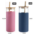 Popular glass cup bottle with silicone cover and bamboo lid and straw custom logo color