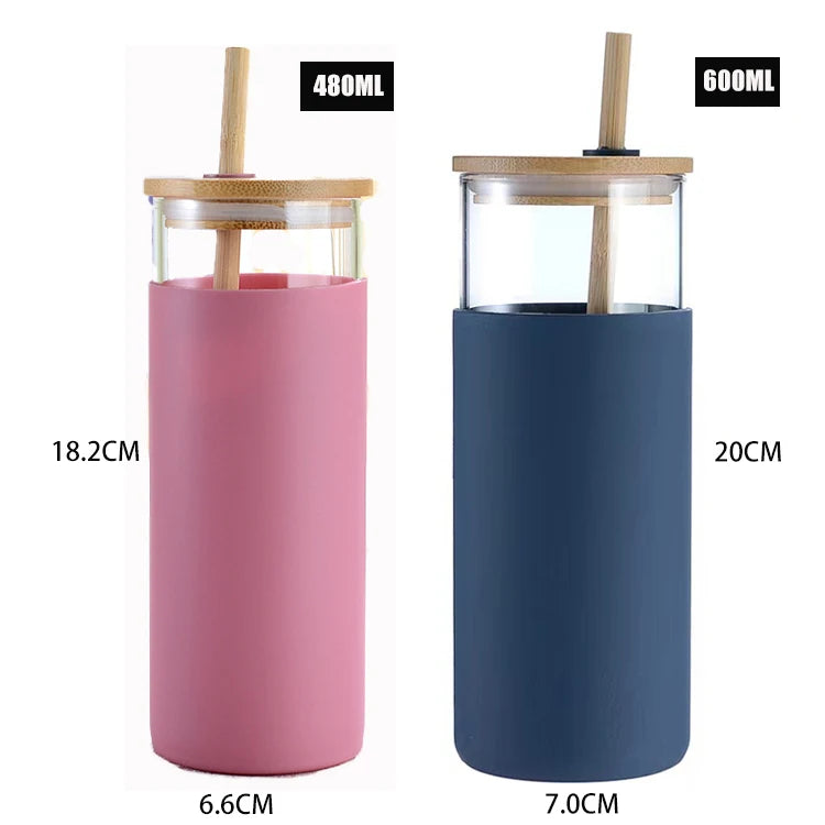 Popular glass cup bottle with silicone cover and bamboo lid and straw custom logo color
