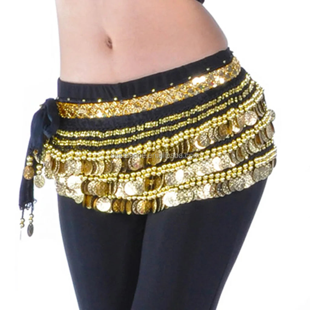 Belly Dance Hip Scarf Belt Skirt Dancing Wrap Hip Scarf Sequin Golden Coins Velvet Belt