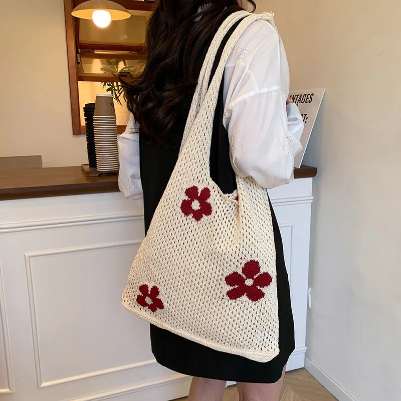 Retro Floral Hollow Woven Shoulder Bags for Women Large Capacity Ladies Shopping Bag Casual Vacation Style Girls Handbags Tote