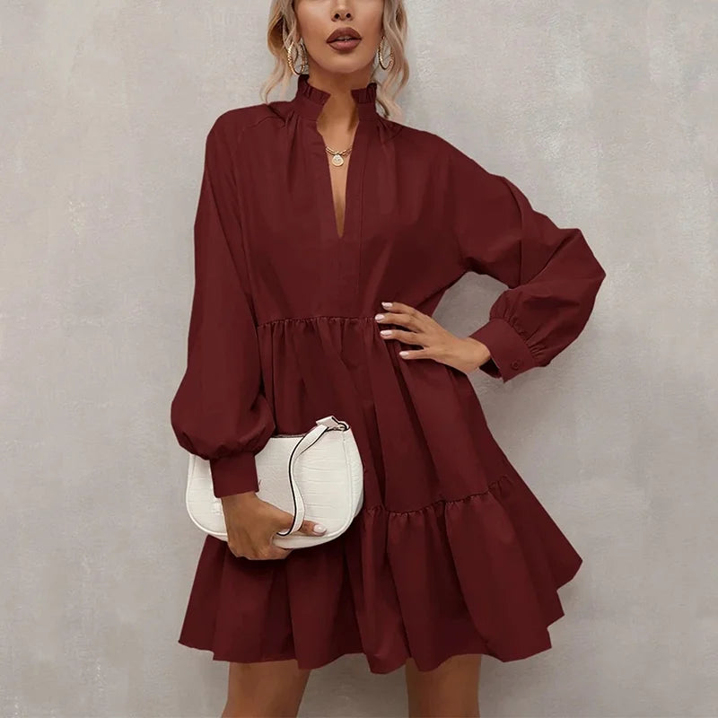 Women's Elegant Custom Summer Casual Print Stringy Selvedge V Neck Dress Long Sleeves Mini Skirt Loose A-Line Dress
