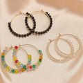 New Trendy Colorful Transparent Glass Crystal Earrings Stainless Steel Black Seed Bead Big Hoop Earrings