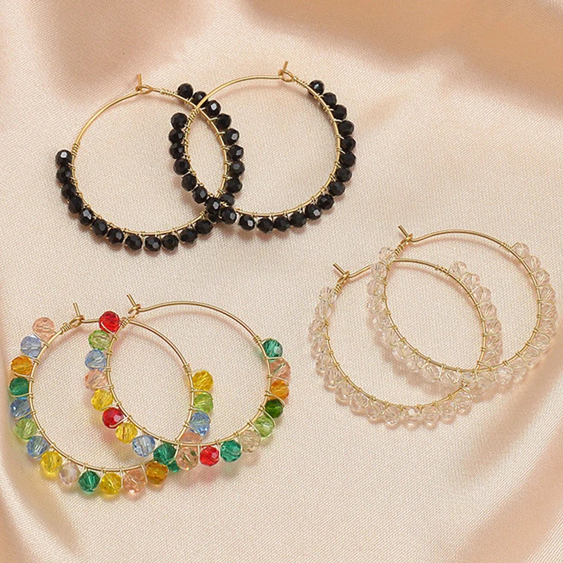 New Trendy Colorful Transparent Glass Crystal Earrings Stainless Steel Black Seed Bead Big Hoop Earrings