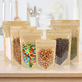 Brown Kraft Paper Transparent Bags Resealable Stand up Pouches with Zipper and Window Front Pouches for Food Storage