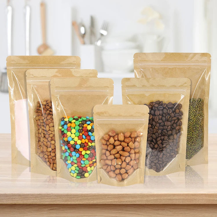 Brown Kraft Paper Transparent Bags Resealable Stand up Pouches with Zipper and Window Front Pouches for Food Storage