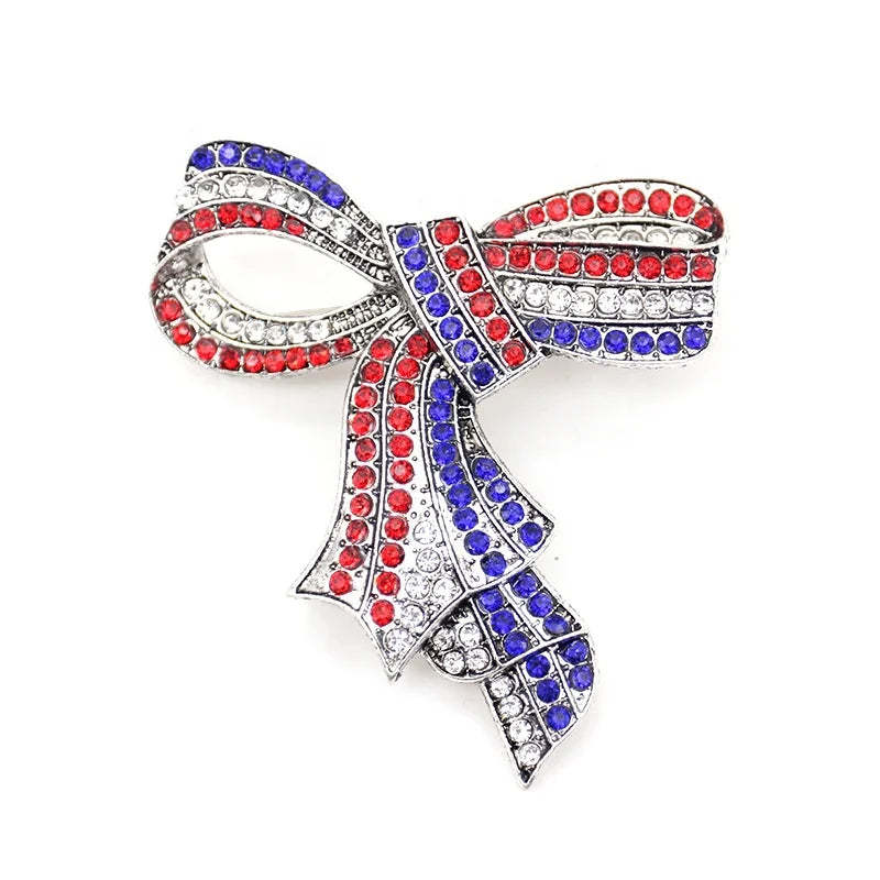American Flag Design Rhinestone Bow Shape Ribbon Brooch Pin For USA Independence Day Accessories