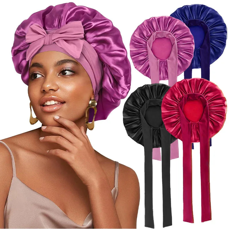 New Large Night Cap Adjustable Elastic Hair Silk Satin Bonnets for Sleeping Curly Hair with Head Tie Band