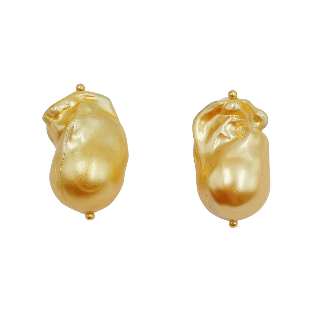 925 Sterling Silver Stud Gold Baroque Pearl Earring 100% Big Freshwater Pearl.18 k Gold Plating MegaBDM