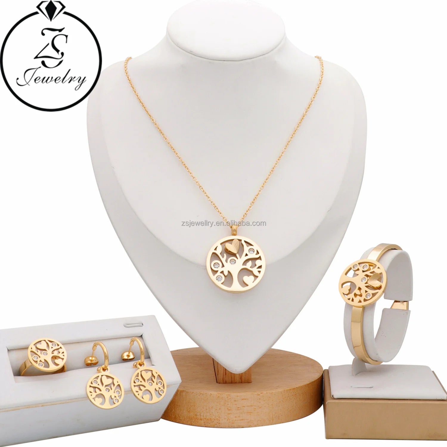 Wholesale Chain Tree of Life Stainless Steel Women Ring Luggage Jewelry 18K Gold Plated Rhinestone Classic Sets Joyera Acero