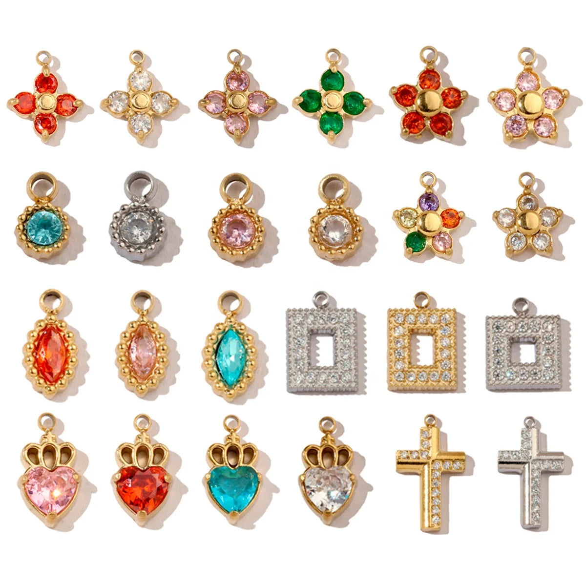 Fashion DIY Charms Titanium Steel 18k Gold Plated Claw Setting Colored Zircon Cross Flower Geometric Pendant for Jewelry Making