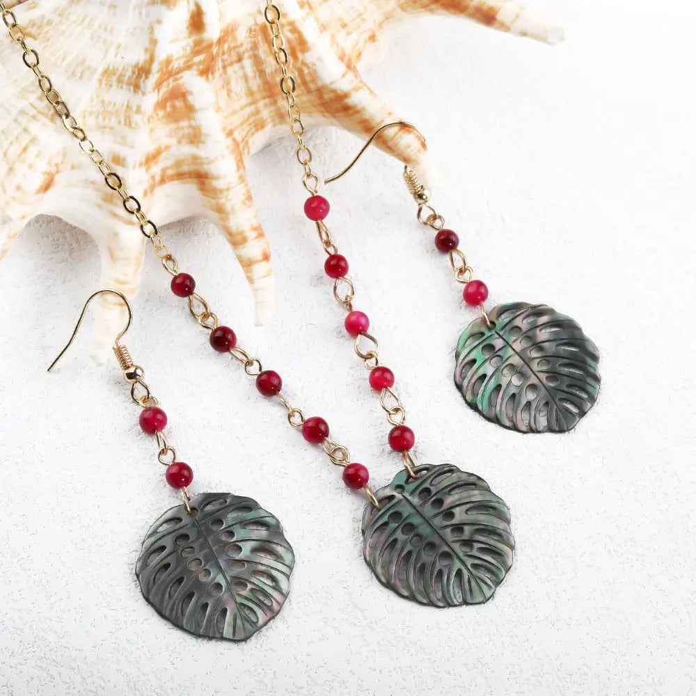 Hawaii New Monstera Leaf Mop Jewelry  Handmade Natural Stone Agate Chains Earrings Mother of Pearl Jewelry for Women