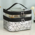 2024 Large-Capacity Portable PU Makeup Skincare Storage Bag Double-Layer Waterproof Zipper Closure Geometric Travel Toiletry Bag