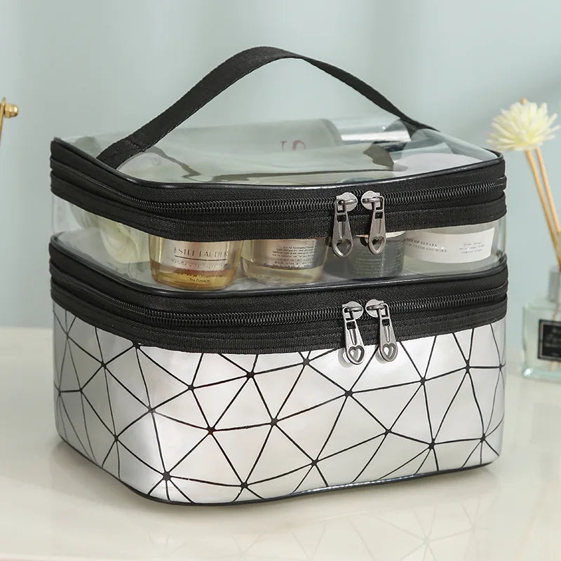2024 Large-Capacity Portable PU Makeup Skincare Storage Bag Double-Layer Waterproof Zipper Closure Geometric Travel Toiletry Bag