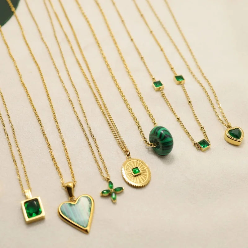 Emerald Fashion Titanium Steel Necklace Female Ins Fashion Simple Stainless Steel Green Zircon Clavicle Chain Necklace