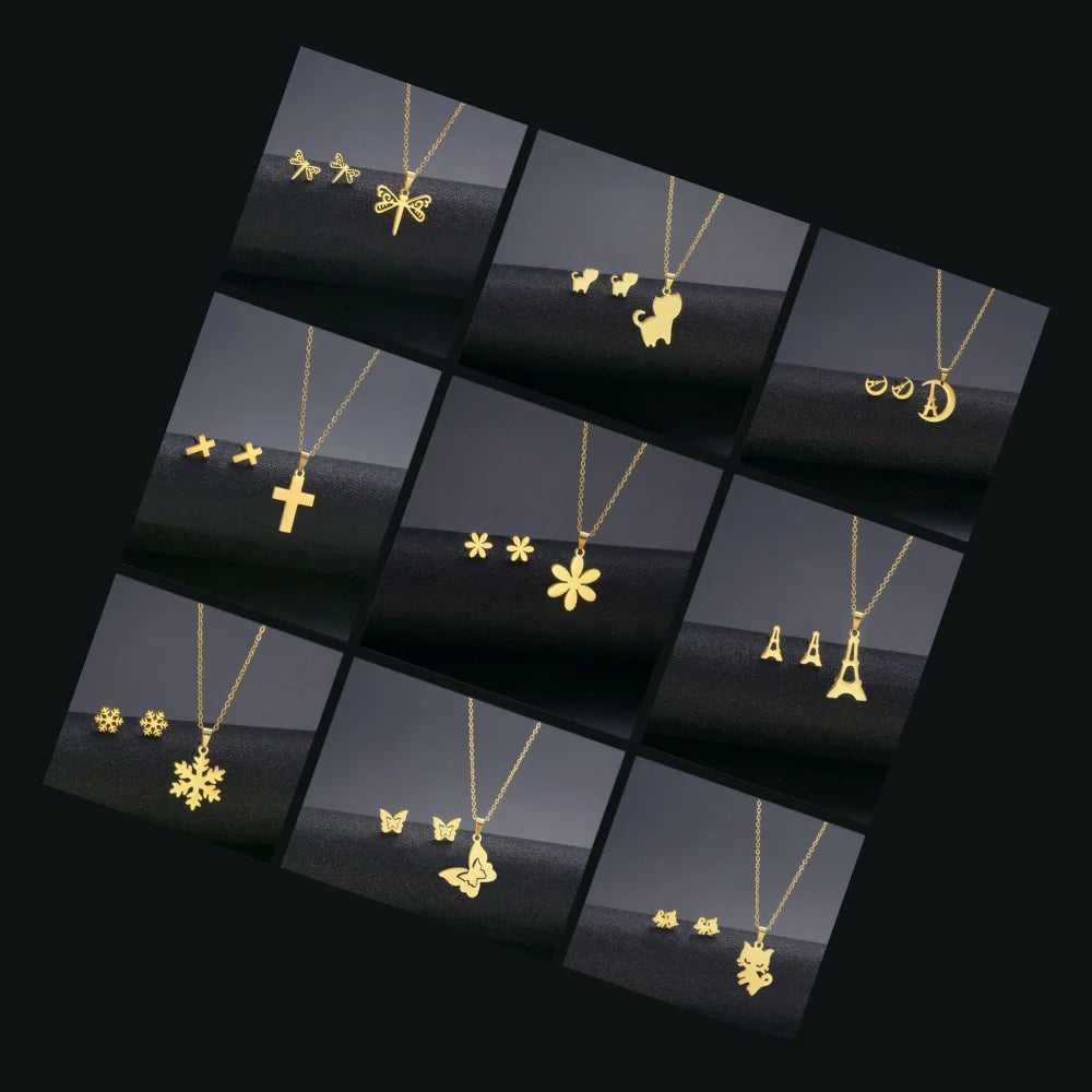 Simple Gold Plated Jewelry Stainless Steel Flower Dragonfly Cat butterfly Personalized Necklace Earrings Jewelry Sets for Women