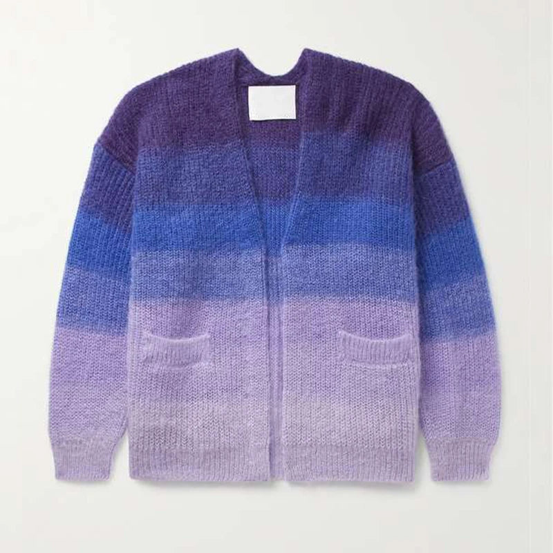 Men's High Quality Knitwear Custom Mohair Cardigan Fashionable Tie-Dye Striped V-Neck OEM Chinky Brushed Colorful Pink Winter