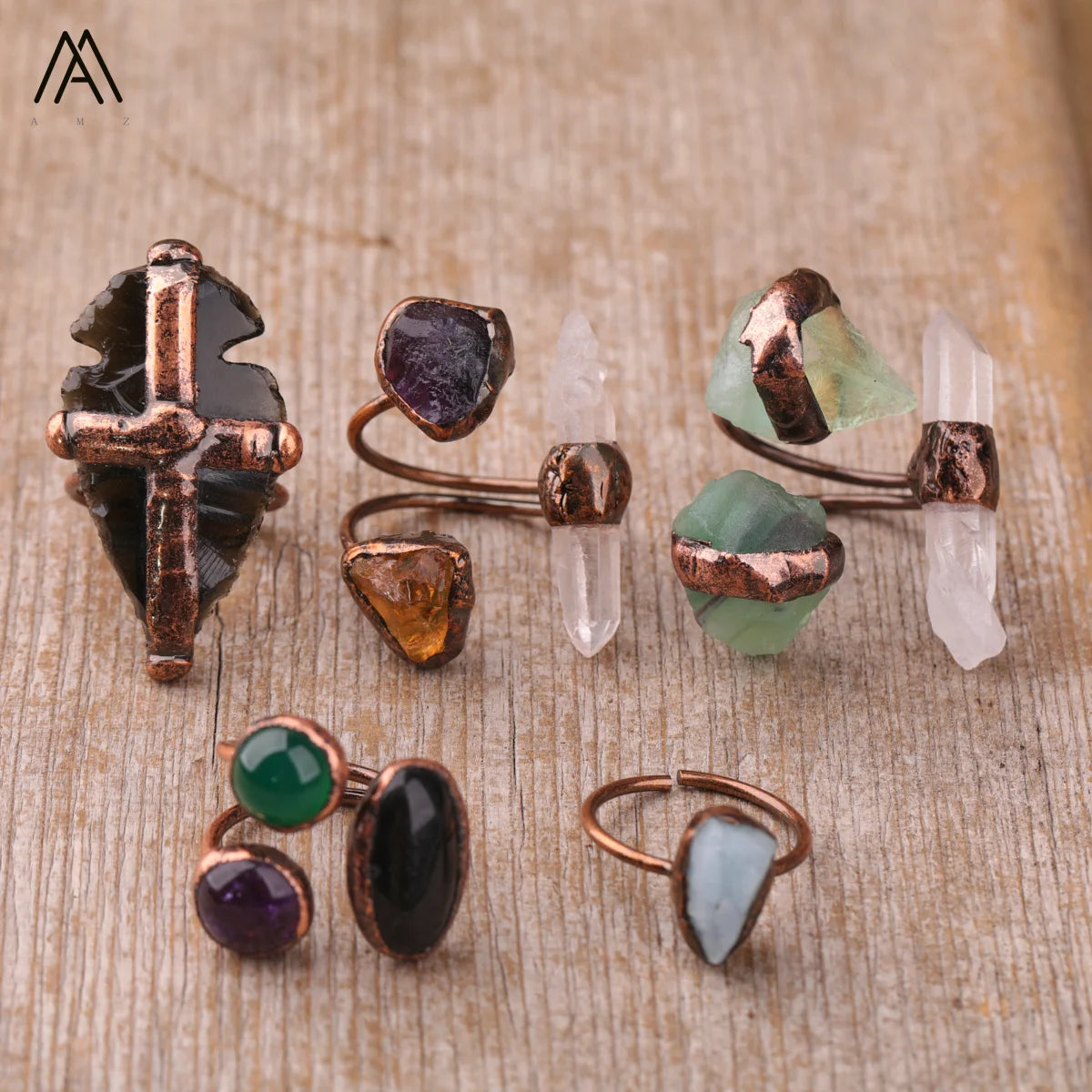 Wholesale Vintage Style Natural Stone Gemstone Rings Open Crystal Healing Jewelry