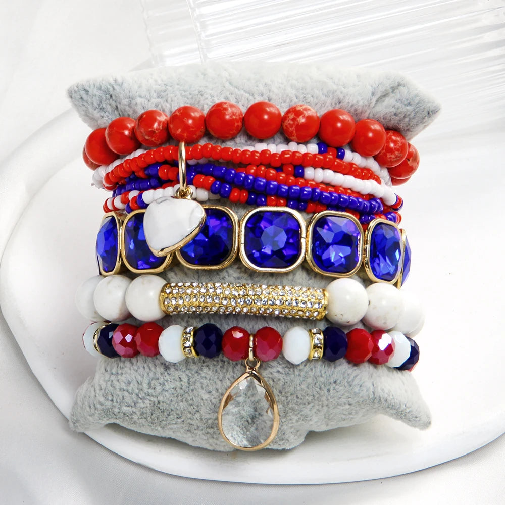 New Fashion Bohemian 5pcs Natural Stone Seed Glass Elastic Bracelet Glass Drop Pendant Stacked Bracelet Set American Jewelry