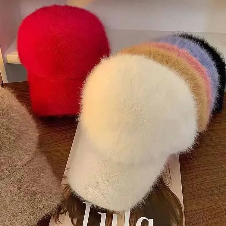 Winter New Women Solid Color Warm Plush Hat Faux Rabbit Fur Baseball Cap
