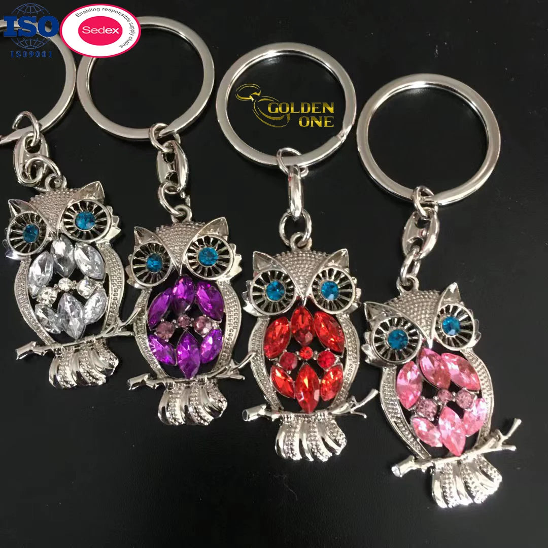 New Design Shiny Nickel Owl Rabbit Duck Hello Kitty Giraffe Animal Shape Keyring Glitter Rhinestones Cut Out Cute Keychain