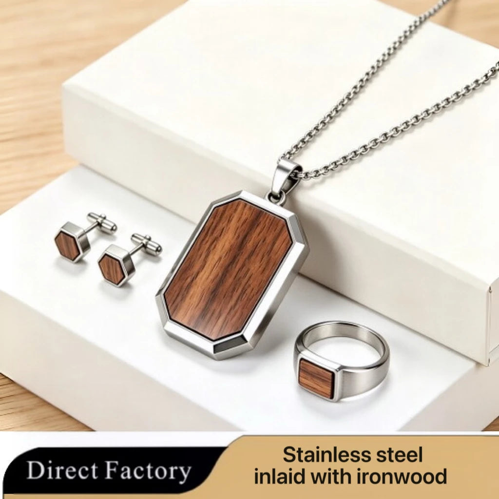 Custom 316L Stainless Steel Wood Inlay Jewelry Set Men's Minimalist Necklace Cufflinks Signet Ring Groomsmen Gift OEM