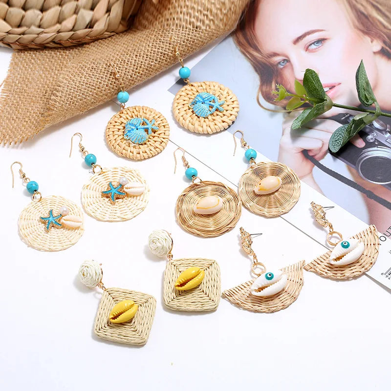 Vacation Beach Shell Starfish Drop Earring Summer Cute Lightweight Geometric Earrings Boho Rattan Braided Earrings for Women
