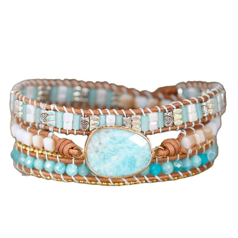 Bohemian Amazonite Charm 3 Rows Beads Leather Wrap Around Bracelet Natural Stone Weaving Bracelets Bohemian Jewelry Dropshipping