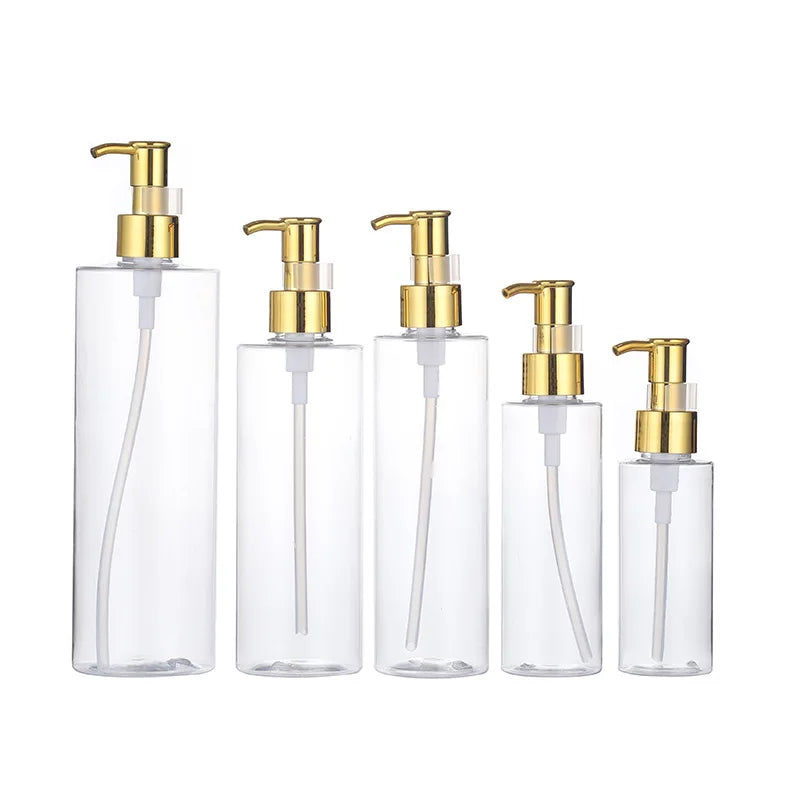 100ml 120ml 150ml 200ml 250ml 300ml 10OZ Flat Shoulder Makeup Remover Oil Pump Bottle PET Plastic Shower Gel Gold Pump Bottles