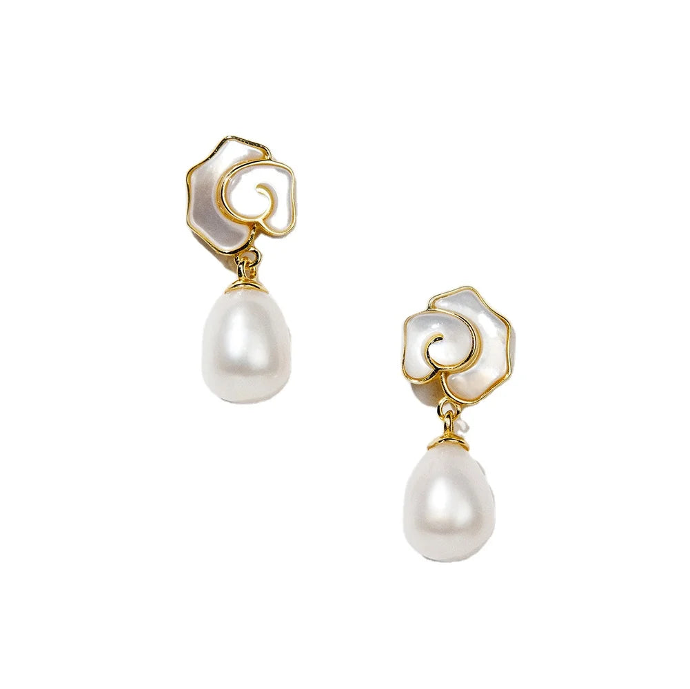 Artisanal 925 Sterling Silver Shell Camellia Pearl Drop Earrings - Flower Design earrings jewelry fashion jewelry jewelry fas