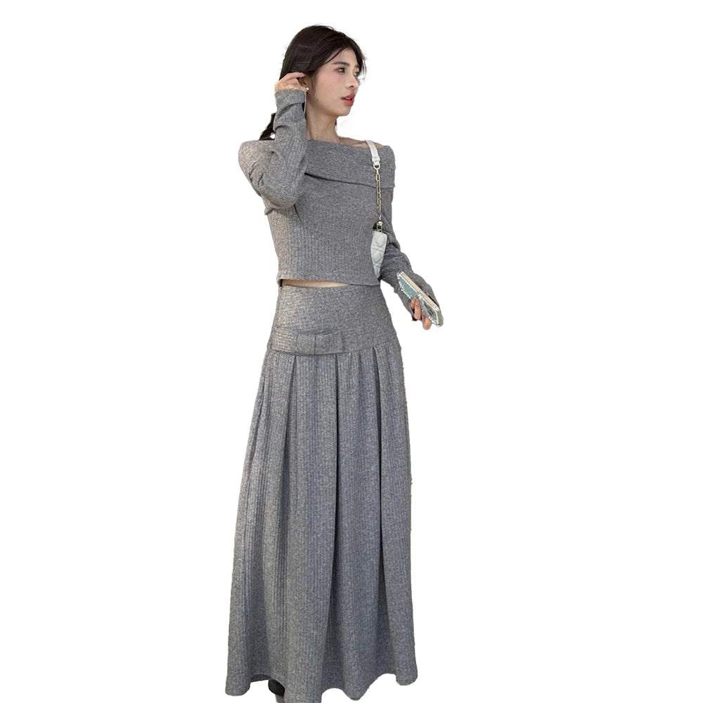 Spring Autumn Fashion Knit Suit Casual Slim Solid Color Knit Pullover and Knit Skirt Set Knitted Two-Pieces Set for Women
