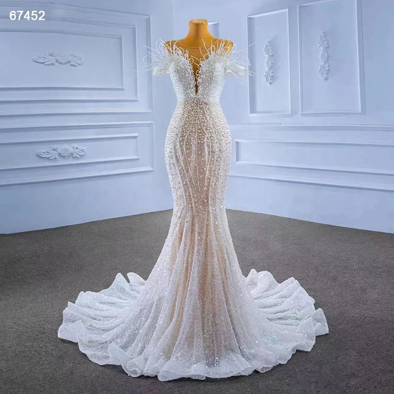 For Jancember RSM67452 Modest Lace Sequins Pearls Modern Mermaid Wedding Dress for Women Plus Size Chapel Train Crystal Applique