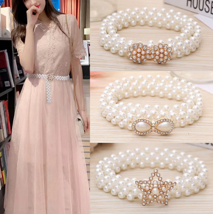 1PC Elegant Women Pearl Belt Waist Belt Elastic Buckle Pearl Chain Belt Female Girls Dress Crystal Strap