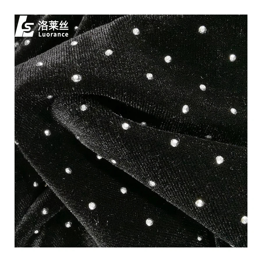 Shiny Spandex Black Velvet Fabric Clothing Rhinestone Fabric