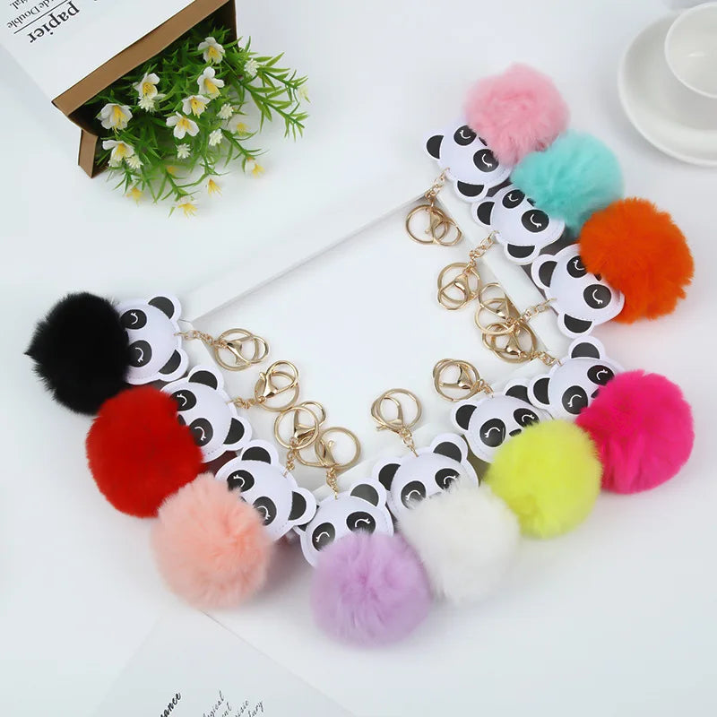 Cute Animal Panda Pom Poms Keychains Fluffy Kawaii Pompoms Faux Rabbit Fur Ball Panda Key Ring Girls Women Bag Charm Accessories