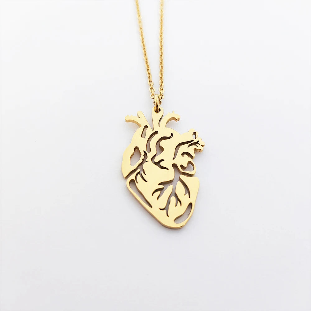 For Valentines Day Gift Anatomical Heart Necklace 2024 18K Gold Plated Stainless Steel Custom Human Heart Necklace for Couple