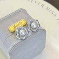 Starry Sky Zircon Embellished Camellia Stud Earrings 7-8mm Natural White Bread Freshwater Pearl Platinum Plated Women's Wedding