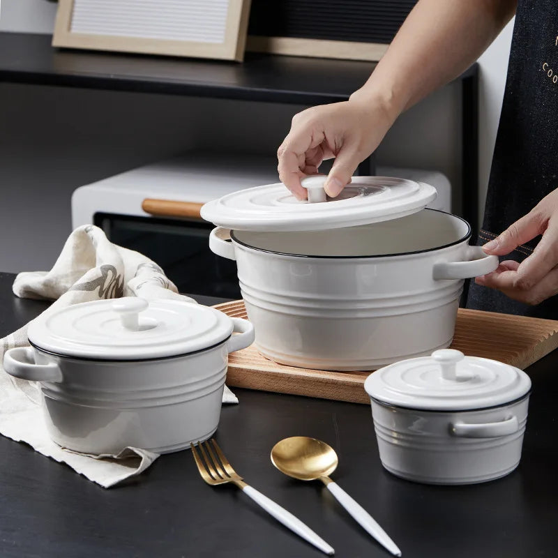 Nordic White Ceramic Soup Bowl Baking Casserole Handle and Lid Brief Large Capacity Breakfast Oatmean Dessert Salad Ramen Bowl
