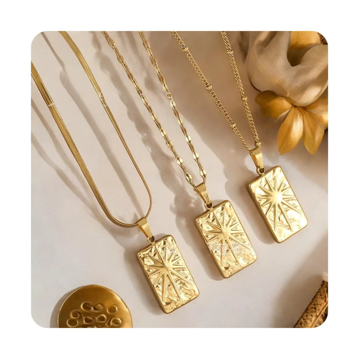 18K Gold Plated Jewelry Accessories Waterproof Joyeria  Stainless Steel Tarot Card Sunburst Pendant Necklace for Women