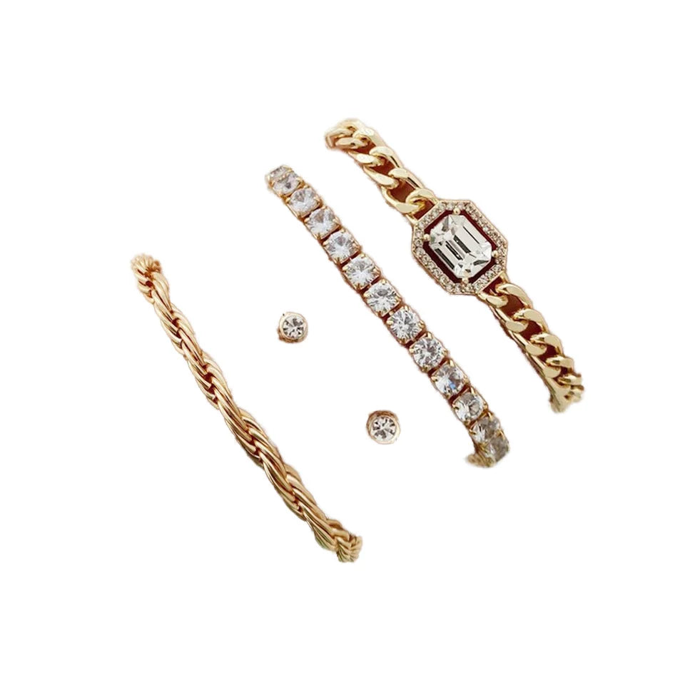Luxurious 4-Piece Set of Adjustable Opening Crystal Shiny Punk Bangles Fashionable Jewelry Bracelets for Women